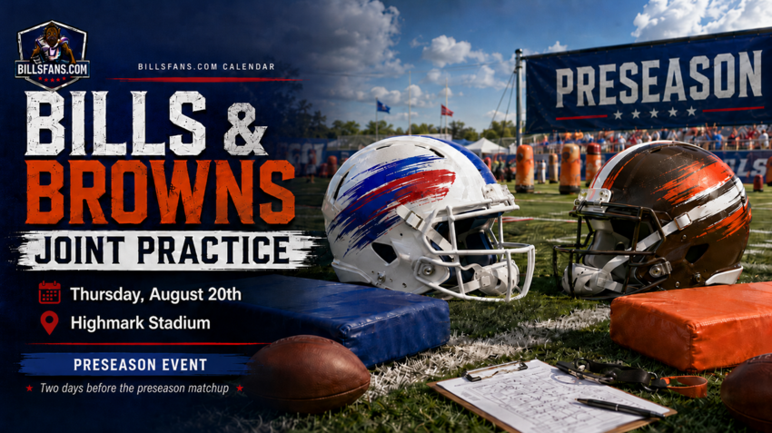 Buffalo Bills and Cleveland Browns joint practice calendar cover for Thursday, August 20, 2026 at Highmark Stadium.