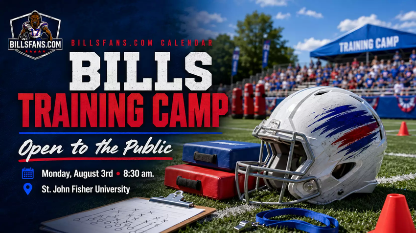 Buffalo Bills training camp open practice calendar cover for Monday, August 3, 2026 at St. John Fisher University.