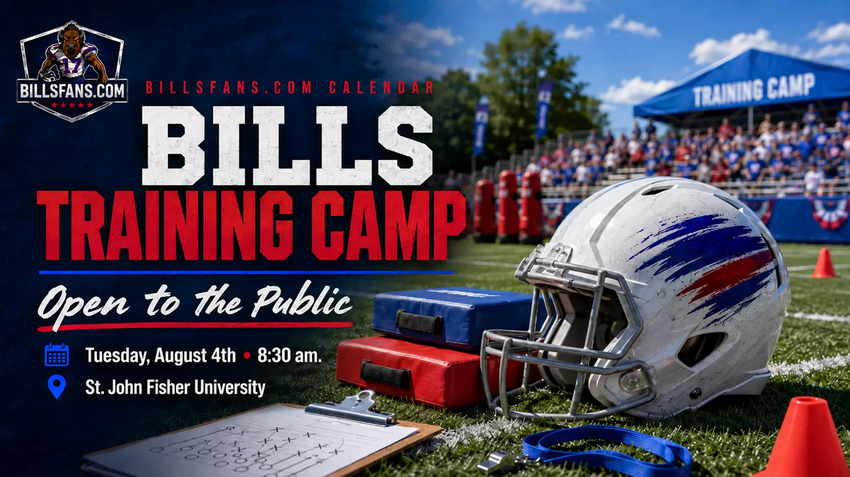 Buffalo Bills training camp open practice calendar cover for Monday, August 4, 2026 at St. John Fisher University.