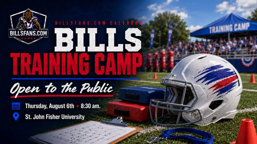 Buffalo Bills training camp open practice calendar cover for Thursday, August 6, 2026 at St. John Fisher University.