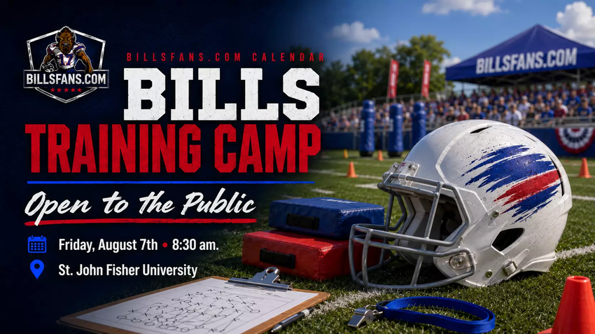 Buffalo Bills training camp open practice calendar cover for Friday, August 7, 2026 at St. John Fisher University.