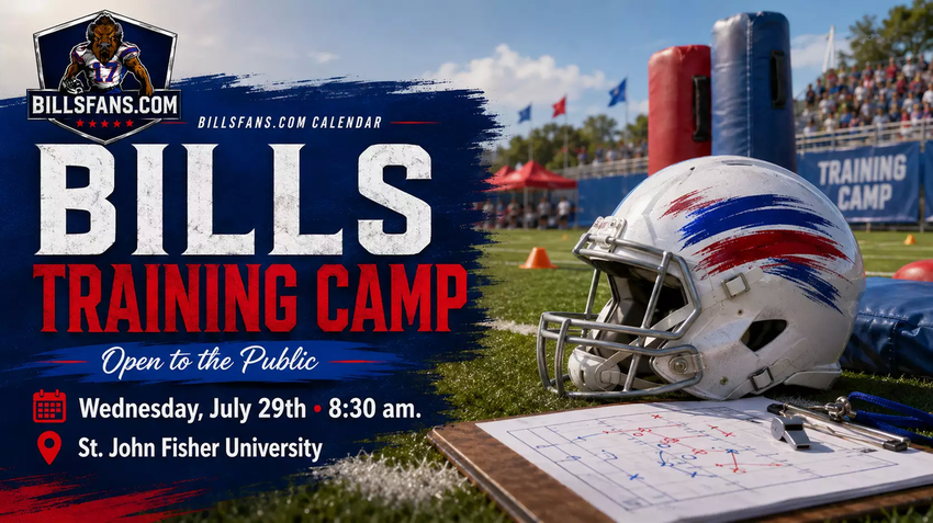 Buffalo Bills training camp open practice calendar cover for Wednesday, July 29, 2026 at St. John Fisher University.