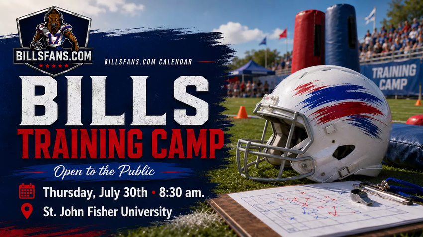 Buffalo Bills training camp open practice calendar cover for Thursday, July 30, 2026 at St. John Fisher University.