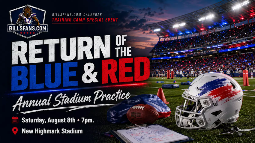 Return of the Blue & Red annual stadium practice calendar cover for Saturday, August 8, 2026 at New Highmark Stadium.