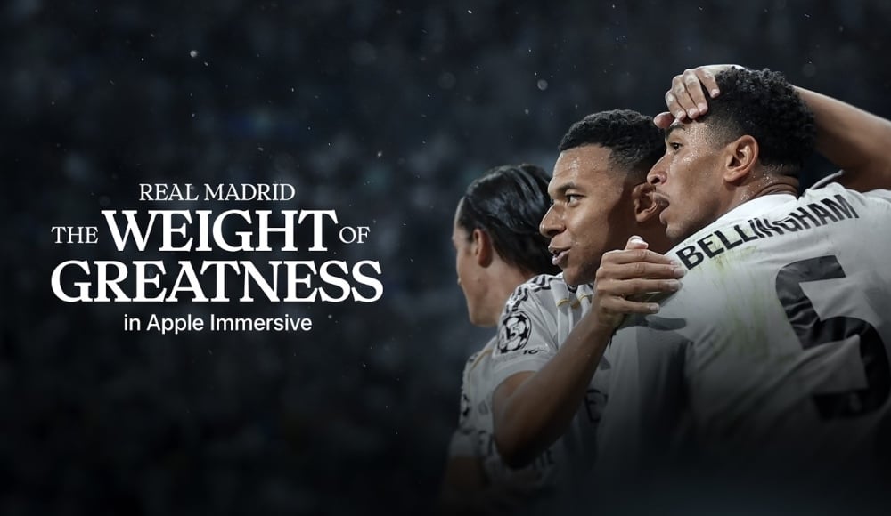 Tiles read Real Madrid: The Weight of Greatness in Apple Immersive, with three players celebrating
